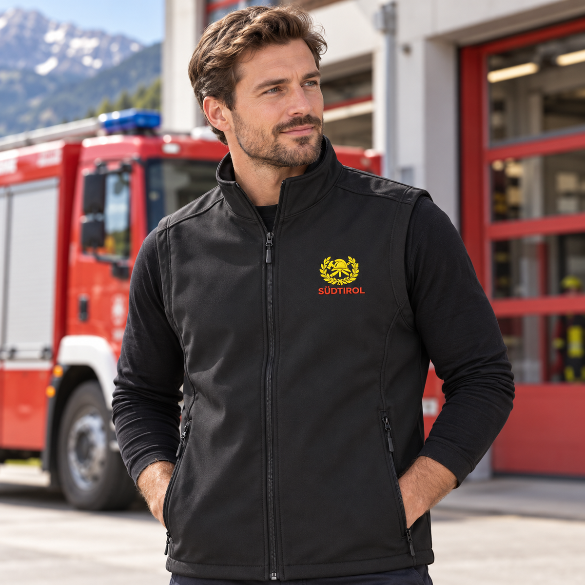 Feuerwehr Softshellweste JN1128 Schwarz – inkl. Emblemstick – Lifestyle-Vorschau mit Stick