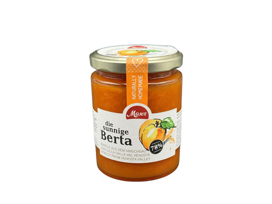 Moser Aprikose „die sunnige Berta“ – vollständig etikettiertes Originalglas 340 g