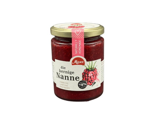 Moser Himbeere „die kernige Nanne“ – vollständig etikettiertes Originalglas 340 g