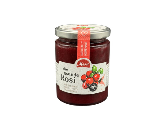Moser Preiselbeere „die ’gsunde Rosi“ – vollständig etikettiertes Originalglas 340 g