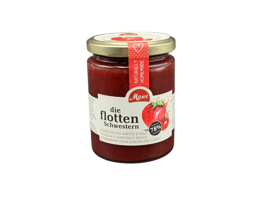 Moser Erdbeere „die flotten Schwestern“ – vollständig etikettiertes Originalglas 340 g